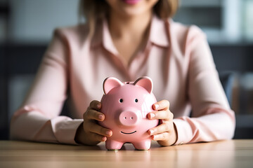 Obraz na płótnie Canvas A determined businesswoman strategically holds a piggy bank, showcasing her commitment to financial planning, savings goals, and long-term financial security. Generative AI
