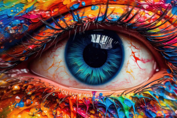 eye color explosion with the art of colorful makeup up close. Generative AI