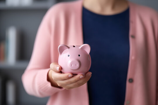 A confident businesswoman holds a piggy bank in her hands, symbolizing financial empowerment, smart money management, and the path to achieving financial goals. Generative AI