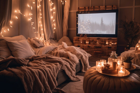 A cozy movie night at home, with the room lit by warm bokeh lights from stringed fairy lights Generative AI