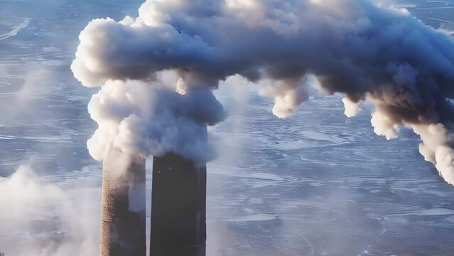 Aerial view close to toxic enterprise chimneys
Factory pollutes environment, global warming concept, 2023, drone
