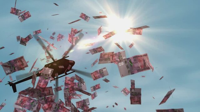 Uganda Shilling money banknotes helicopter money dropping. 10000 UGX notes abstract 3d concept of inflation, money printing, finance, economy, crisis and quantitative easing.