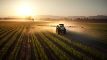 Fototapeta premium Taking care of the Crop. Aerial view of a Tractor fertilizing a cultivated agricultural field. Generative AI