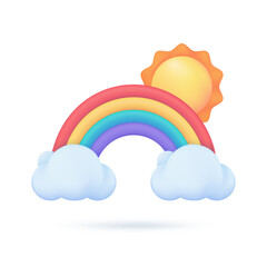 3D weather forecast icons clear sky after rain Beautiful rainbow. 3D illustration.