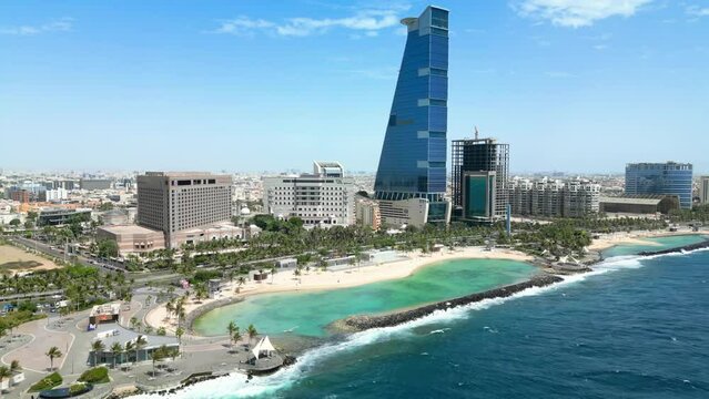 Jeddah: Aerial view of famous coastal city in v Saudi Arabia, skyline of The Headquarters Business Park, leisure area Roshn Waterfront, Red Sea - landscape panorama of Arabian Peninsula from above