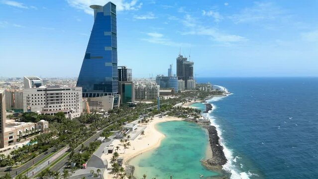 Jeddah: Aerial view of famous coastal city in v Saudi Arabia, skyline of The Headquarters Business Park, leisure area Roshn Waterfront, Red Sea - landscape panorama of Arabian Peninsula from above