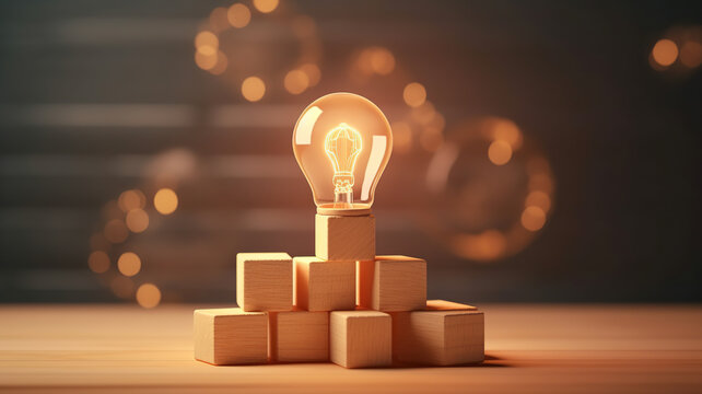Idea concept with lightbulb on wooden blocks. Banner copy space, ai generative