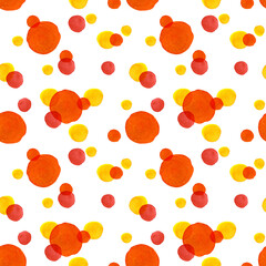 Seamless pattern of orange, red, yellow circle dots. Hand drawn illustration. Hand painted elements on white background.