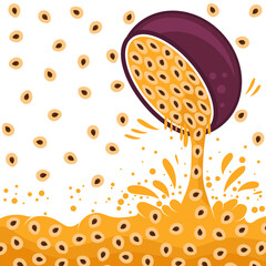 Vector Passion Fruit Pattern with Brown Seeds on Orange Background. Tropical Food Texture