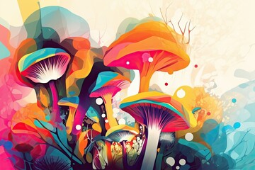 Beautiful colorful mushrooms in the forest, abstract illustration.