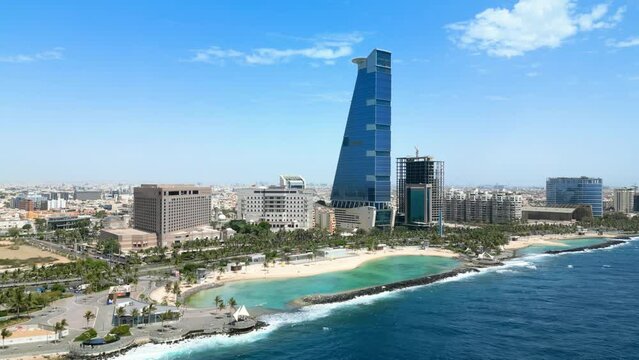 Jeddah: Aerial view of famous coastal city in v Saudi Arabia, skyline of The Headquarters Business Park, leisure area Roshn Waterfront, Red Sea - landscape panorama of Arabian Peninsula from above