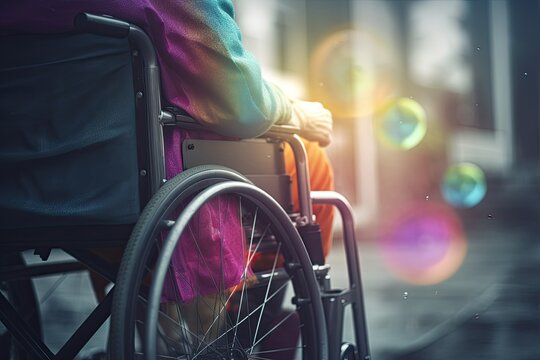Close-up of an old woman sitting in a wheelchair, rear view.