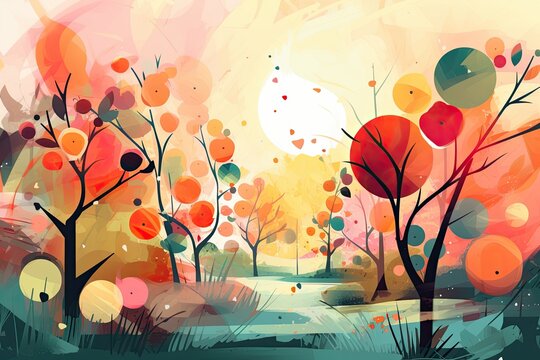 Beautiful abstract illustration of trees with fruits, orchard.