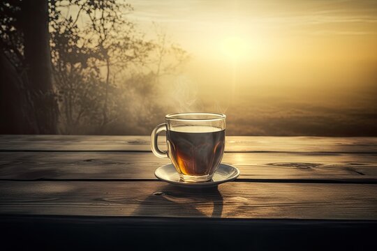 A cup of black tea on a table with a blurred background.
