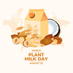 World Plant Milk Day vector illustration. Plant-based milk alternatives drawing. Box of vegetable milk vector. Carton of milk with nuts, oat, soybean illustration. August 22 every year. Important day