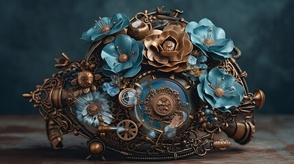 Fototapeta na wymiar Floral, vintage background, peony, flover, products, enginer, generative, ai, steampunk,clockwork, brooch, blue 