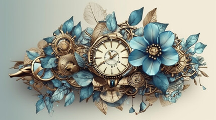 Floral, vintage background, peony, flover, products, enginer, generative, ai, steampunk,clockwork, brooch, blue
