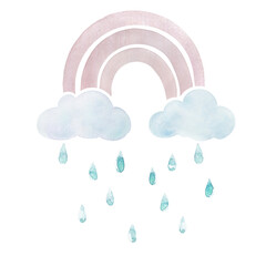 Cute illustration of rainbow, clouds and raindrops. Watercolor pastel color poster.