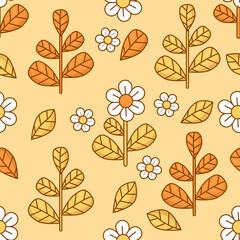 Floral seamless pattern with daisy flowers and leaves on yellow background. Groovy trendy modern vector Illustration for wallpaper, design, textile, packaging, decor.
