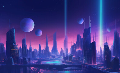 the futuristic city with blue and purple color space and planet background generated by ai