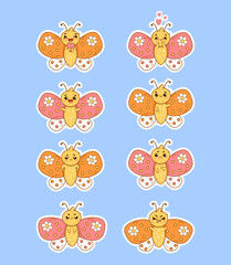 Collection stickers cute cartoon butterflies with different emotions. Vector illustration. Isolated funny characters insects. kids collection.