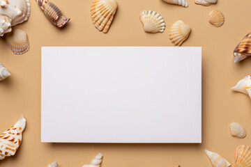Gently beige background, white paper cards A4, A6, business cards and flyers for the company, beauty industry. Soft background, sea and river shells. Generative AI