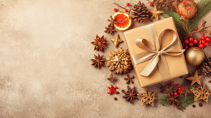 Fototapeta premium Christmas box with Christmas tree cones and decorations on a golden background. Generative Ai. 
