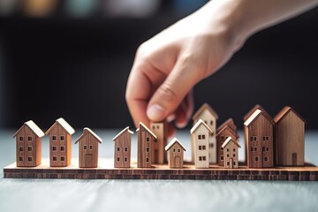 Selecting mini wood house model and coins on table, planning property purchase. Symbolizes construction, ecology, loans., Generative AI.