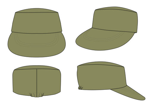 Olive green military cadet cap with flex fit elasticity closed template on white background, vector file