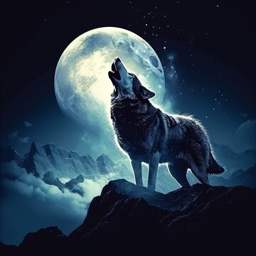 A howling wolf against the background of dark tones of fog and a full moon, Generative AI