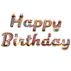 happy birthday 3D text with cake and candles