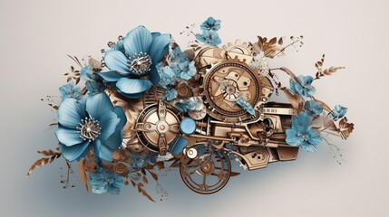 Floral, vintage background, peony, flover, products, enginer, generative, ai, steampunk,clockwork, brooch, blue