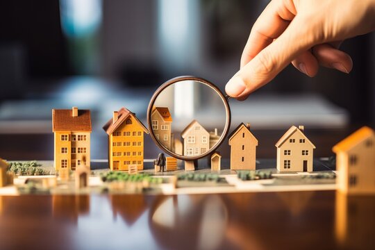 Magnifying glass on house model, real estate selection concept., Generative AI.