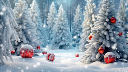 red christmas decorations in a snowy forest. Generative Ai. 