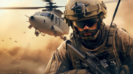 A soldier goes on the attack under the cover of a helicopter. Generative Ai. 
