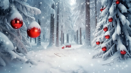 Christmas background near the snowy forest with red balls on the trees. Generative Ai. 