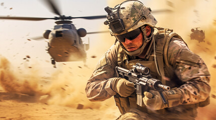 Obraz premium the soldier who landed from the helicopter goes on the attack. Generative Ai. 