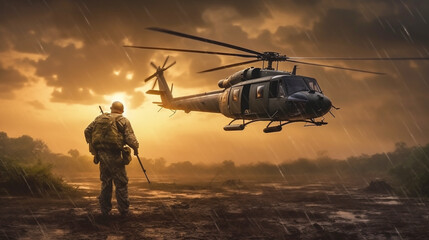 soldier and military helicopter at sunset. Generative Ai. 
