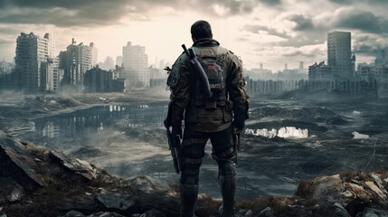 soldier looks at the ruined city. Generative Ai. 