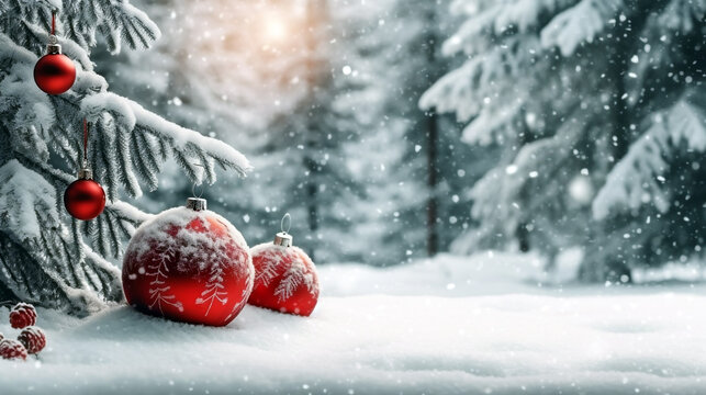 red christmas balls in a snowy forest on snow. Generative Ai. 