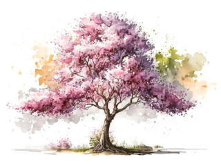 Obraz na płótnie Canvas Pink tree blossom in spring isolated on white, watercolor illustration generative AI 