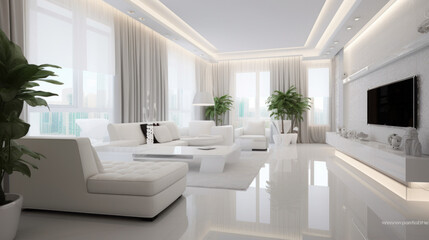 The living room interior is white in color