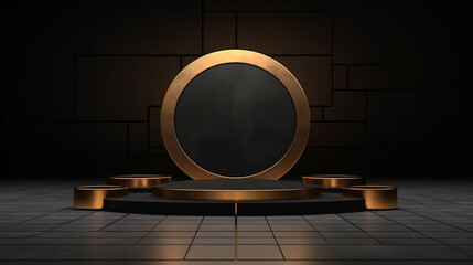 luxurious golden podium on a dark background where jewelry presentations. Generative Ai. 