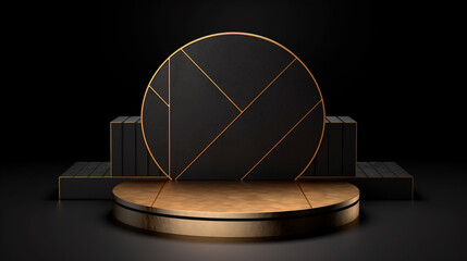 fashion podium in gold tones with gold edging on a dark background for the presentation of jewelry. Generative Ai. 