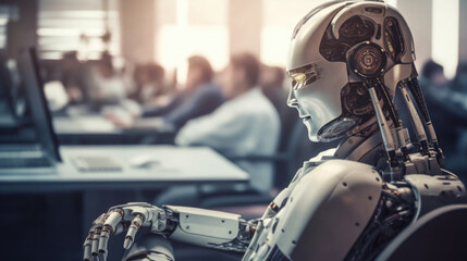 Fototapeta premium The boss robot in the office and people 