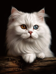 a cute white odd-eyed cat in a realistic painting generated by ai