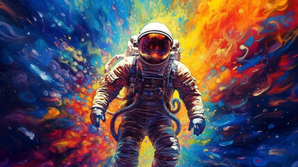 bright colorful image of an astronaut illustration in the style of abstract impressionism. Generative Ai. 