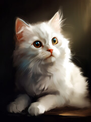 a cute white odd-eyed cat in a realistic painting generated by ai