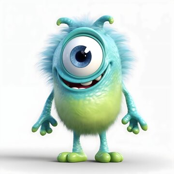 full body view of green alien monster, super cute baby monster with massive blue eye and big head huge open smile, Green cyclope