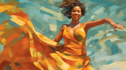 elegant beautiful smiling african american woman dancing in yellow dress, abstract illustration. Generative Ai. 